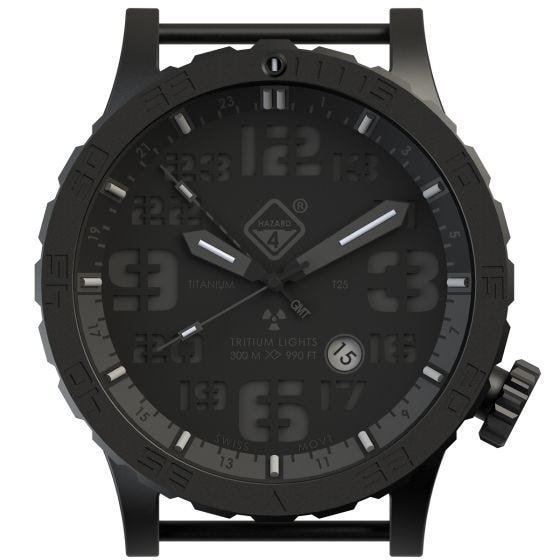 Relógio de Trítio e Titânio Hazard 4 Heavy Water Diver - Blackout Preto GMT Azul/Vermelho