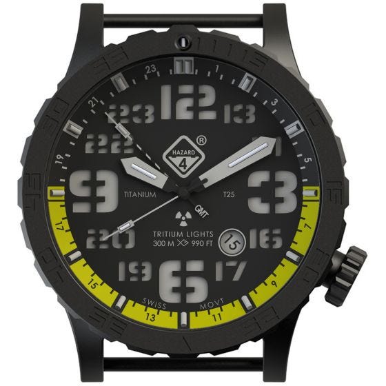 Relógio de Trítio e Titânio Hazard 4 Heavy Water Diver - Nightwatch Amarelo GMT Verde/Amarelo